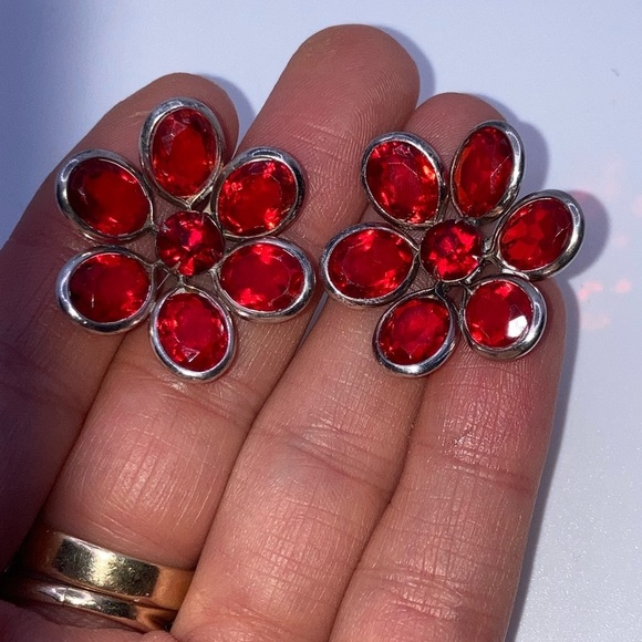 Vtg Sterling & Red Crystal Flower Stament Earrings Screw Back Clip On 1.1” - Picture 4 of 6